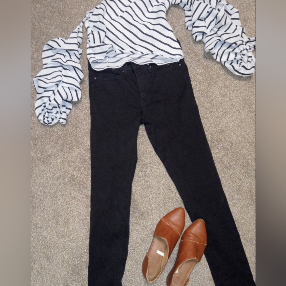 Striped Black and White Asymmetrical Women's  Cropped Blouse, Size Small, VTG